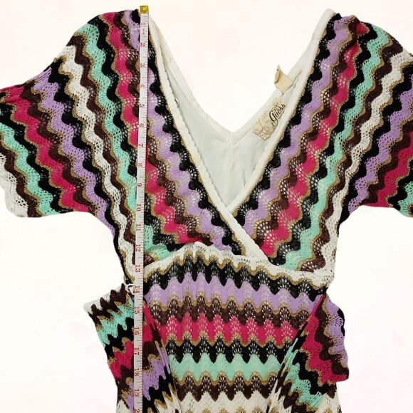 Guess Vintage Zig Zag Stretchy Metallic Gold Knit Fabric Belt Mini Dress Size S - Picture 15 of 16